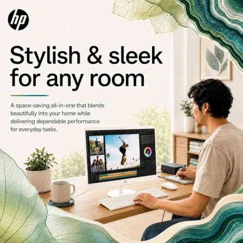 Image of HP 22 inch FHD All-in-One Desktop Computer, 16GB RAM, Quad-Cores Intel N100, Windows 11, 128GB Storage, Office 365 for Web, Keyboard & Mouse Included, White