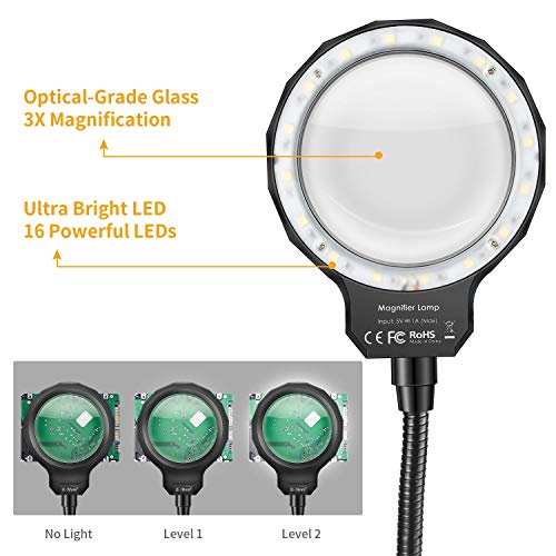 KOTTO LED Lighted Magnifying Third Hand Soldering PCB Holder Tool Five Arms Helping Hands Crafts Jewelry Hobby Workshop Helping Station Non-slip weighted base, LED Lamp