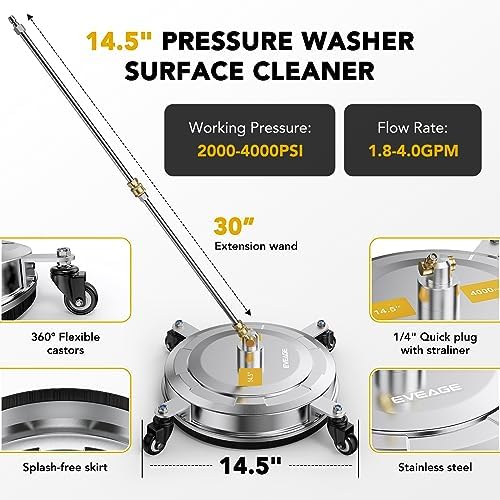 EVEAGE 14.5" Pressure Washer Surface Cleaner, Upgraded Stainless Steel Pressure Washer Accessories with 4 Weels & 1/4" Quick Connector, 4,000 PSI Power Washer for Driveways Sidewalks Patios Cleaning - 3