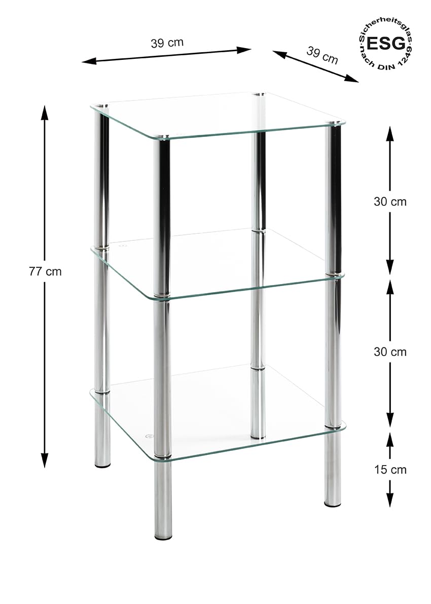 HAKU étagère chromé, métal, Verre trempé - Dim.: L 39 cm x H 77 cm x P 39 cm, Style: Modern