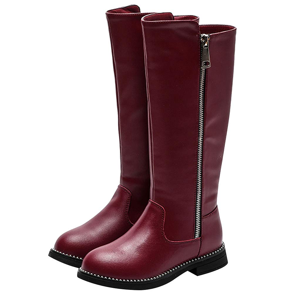 rismart - Botas de equitación altas para niña, tacón plano, cremallera lateral, forro de piel de invierno