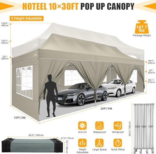 Image of HOTEEL Tents for Parties 10x30 Pop Up Canopy Tent Heavy Duty with 8 Sidewalls, Commercial Party Tent Event Wedding Instant Canopy Waterproof with Carry Bag, UV 50+, Thicked Hexagonal Legs, Khaki