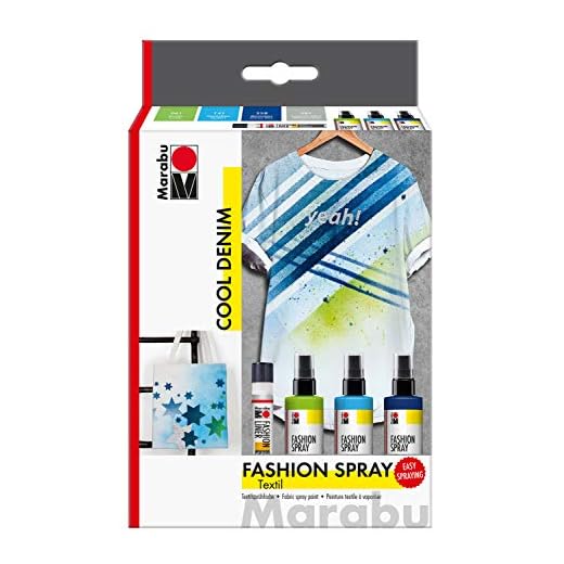 Marabu 1719000000084 - Fashion Spray Cool Denim, pintura en spray para textiles a base de agua, para textiles claros, fácil fijación, lavable hasta 40 °C, 3 x 100 ml de pintura y 25 ml Fashion Liner