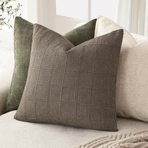 Image of Foindtower Set of 1 Decorative Linen Check Throw Pillow Cover Neutral Farmhouse Vintage Cushion Cover Modern Boho Home Decor for Sofa Chair Couch Bedroom Living Room,16x16 Inch,Taupe Grey