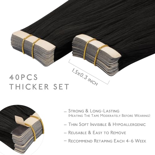 Image of WENNALIFE Tape in Hair Extensions Human Hair, 40pcs 100g 20 inch Natural Black Hair Extensions Real Human Hair Straight Tape in Extensions Invisible Human Hair Extensions Reusable Real Hair Extensions