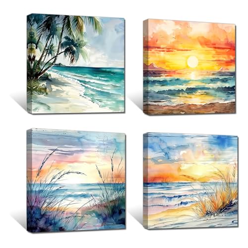 PBXBJY 4 Piece Beach Sunset Wall Art Ocean Palm Trees Watercolor Canvas Prints Tropical Seascape Painting Abstract Coastal Artwork Bathroom Decor (12.00" x 12.00" x 4PCS)