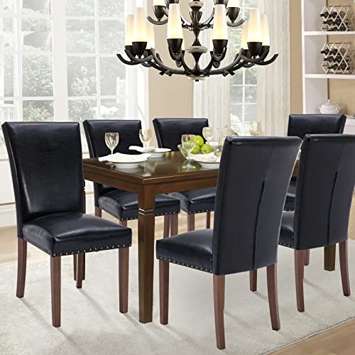 Image of Parsons Dining Chairs Set of 6, Upholstered Nailhead PU Leather Dining Room Kitchen Side Chair with Thick Cushions and Wood Legs, Black