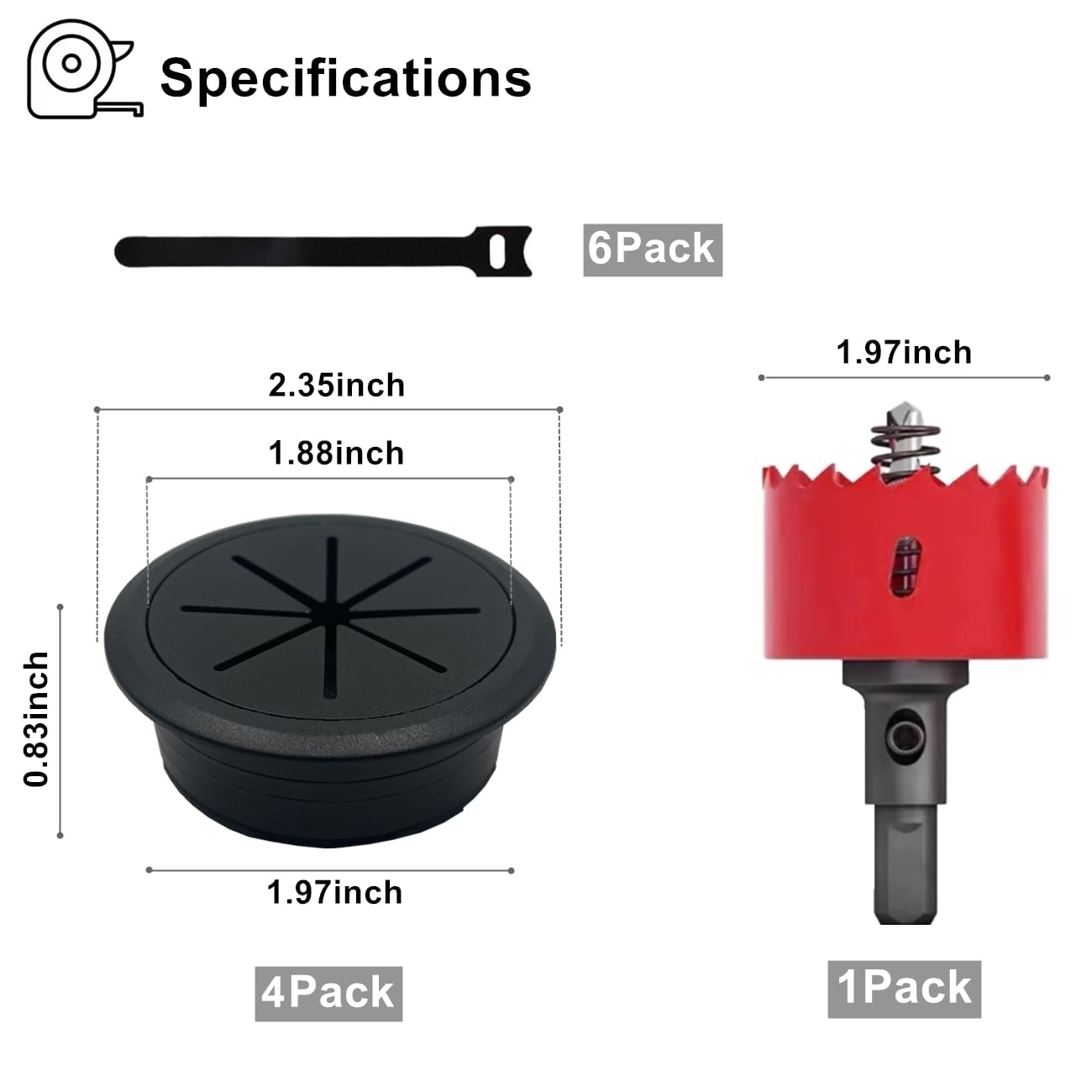 Schreibtischdurchführung, 50 mm, Schreibtisch-Lochabdeckung für Kabel, schwarze Schreibtischkordellochabdeckung für Büro, Zuhause, Kabeldurchführung mit 1 Lochsägen-Bohraufsatz und 4