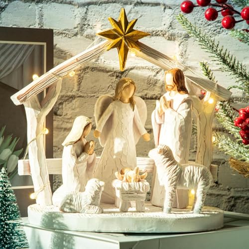 CHUANGLI Large Nativity Scene with Lights Nativity Story Resin Sculpted Hand Painted Nativity Figurine Set for Christmas Holy Family Manger Scene for Christmas Tabletop Decorations