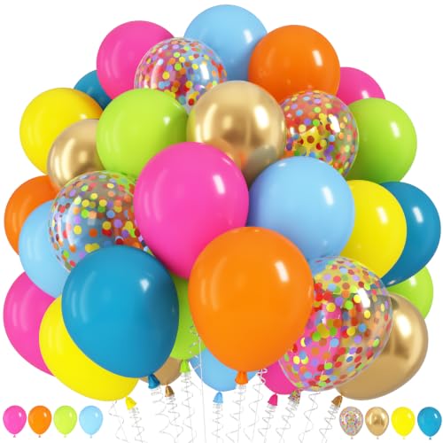 Image of Tropical Balloons, 60Pcs Summer Balloon Hot Pink Orange Teal Blue Yellow Green Gold Colorful Balloons with Rainbow Confetti Balloon for Hawaiian Aloha Luau Pool Birthday Beach Party Decorations