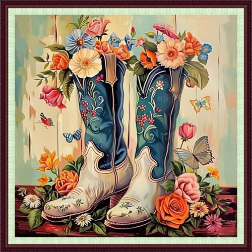 Image of Dooxvey Cross Stitch Kits for Adults Beginners,Full Range of Cross-Stitch Stamped Kits Needlepoint Kits for Beginners Embroidery Kits 11CT Cross Stitch Patterns-Flower Boots 18x18 inch
