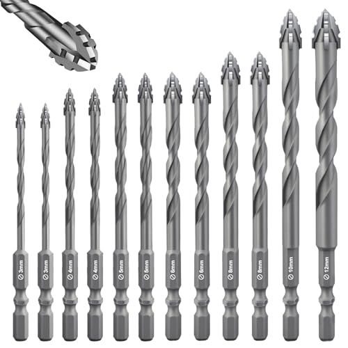 Flintronic 12 Piezas Brocas Porcelanico, Broca Ceramica Ø 3-12 mm, Taladro Excéntrico, Taladro de Vidrio con Vástago Hexagonal, para Madera Plástico Albañilería Baldosa Cerámica Vidrio Hormigón