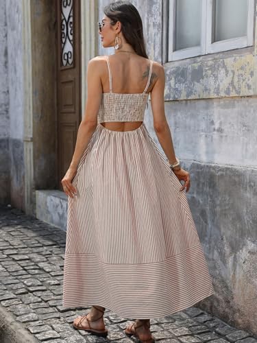 Image of Caracilia Womens Maxi Dresses Gingham Spaghetti Strap Back Smocked Flowy Long Sundress Summer Beach Vacation Clothes 2026