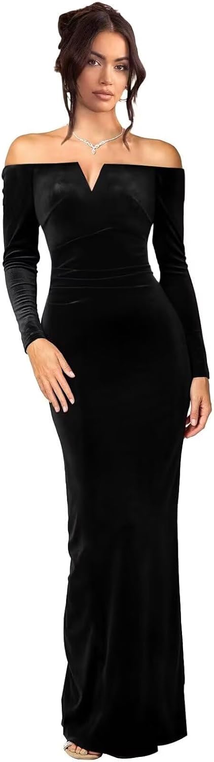 Long Sleeve Prom Dresses with Slit Pleated Velvet Mermaid Evening Dresses Off Shoul...