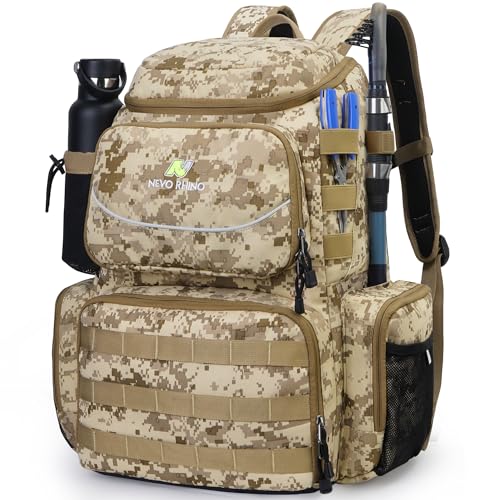 N NEVO RHINO Mochila de equipamento de pesca 40L com suportes de vara, capa de chuva impermeável, bolsa de equipamento de alto desempenho para pesca