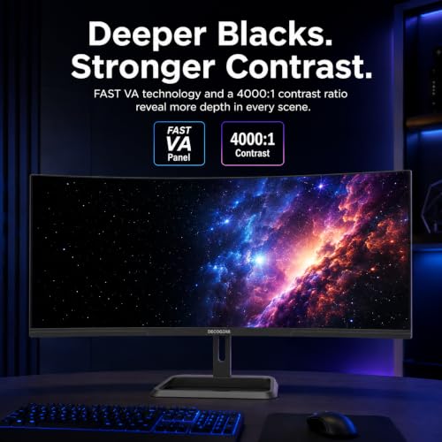 Image of Deco Gear 34 inch Curved Ultrawide Monitor, 3440x1440 UWQHD 21:9 100Hz 1500R | HDR 4000:1 | Adaptive-Sync | PIP /PBP | 100% sRGB | 1ms MPRT | 2 HDMI | 2 DP | 2K VA Screen for Business Laptop PC Home Office