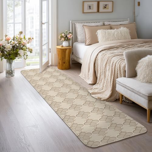 Alfombra de pasillo moderna rectangular beige con líneas curvas y borde de esponja de 2x8 5