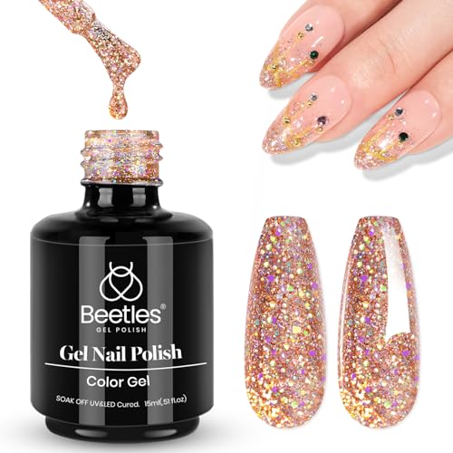Image of Beetles Glitter Gel Nail Polish 15ML Rose Gold Reflective Pink Gel Polish Dazzling Princess Nail Art Design Manicure Salon (1Pcs)