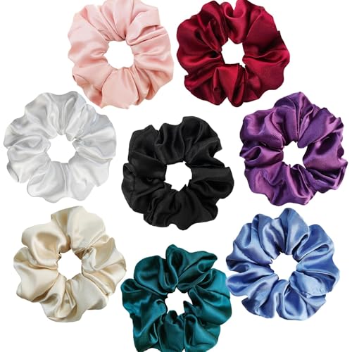 ALCEA ROSEA Hair Ties Silk Scrunchies for Women Girls 8 Pack Satin Elastic Tie Scrunchie No Damage Ponytail Holders Hair Bands (8-8G)