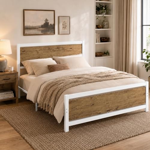Image of Catrimown Queen Bed Frame with Headboard, Queen Metal Platform Bed Frame with Steel Slat Support, 10.5 in Under Bed Storage, No Box Spring Needed, Easy Assembly, White Brown