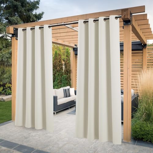 PONY DANCE Rideau Extérieur - Rideau Occultants pour Terrasse Pergola Tonnelle avec Oeillet Isolation Thermique Anti Froid Anti UV, L 132 sur H 243 cm, Beige Clair, Lot...