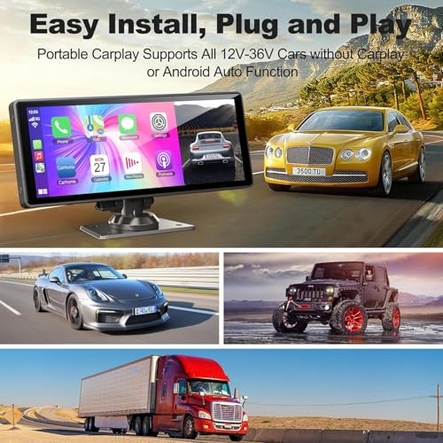 Android Portable Carplay for Car with 4K Dash Cam Car Front Rear 1080P Backup Camera, 10.26” Car Screen with Wireless Carplay Android Auto,Loop Recording GPS Voice Control Bluetooth AUX FM 64G TF Card - Image 5