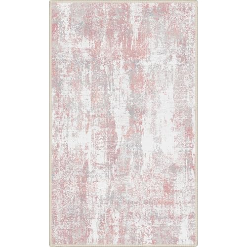 Image of BEIMO Area Rugs 3x5 for Living Room Bedroom, Modern Abstract Machine Washable Rug, Soft Low Pile Floor Carpet with Non Slip Backing for Entryway, Pink /Grey