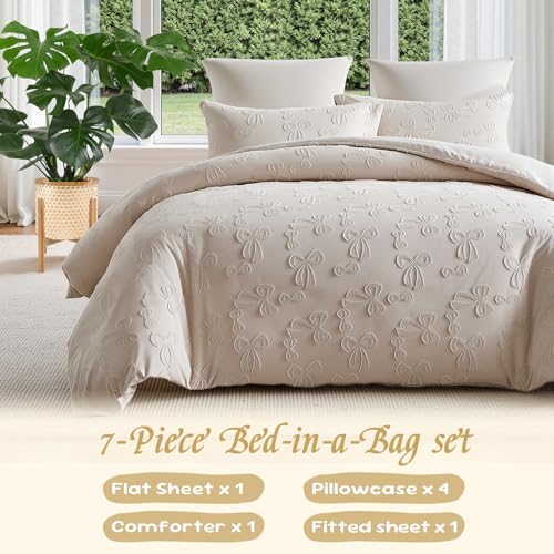 Image of 7 Pieces Bow Comforter Set for Girls Kids Khaki Tufted Boho Bedding Set Full Size Farmhouse Bed in A Bag as Gifts (1 Comforter, 1 Flat Sheet, 1 Fitted Sheet, 2 Pillowcase and 2 Pillow Sham)