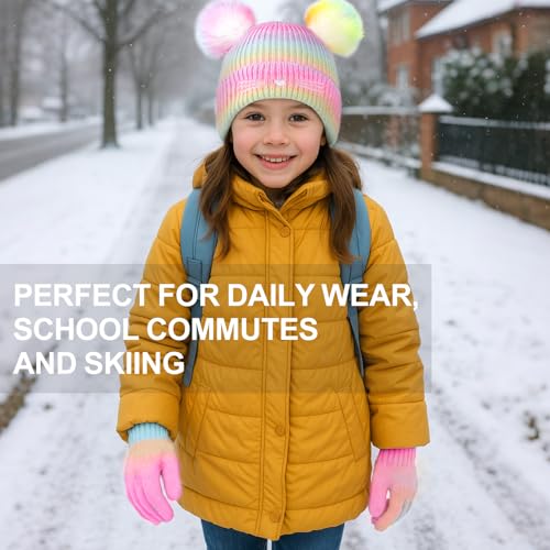 Kids Winter Knit Hat Cat Embroidery Beanie Hat Gloves Set with Double Pompom for Girls 3-14 Years4