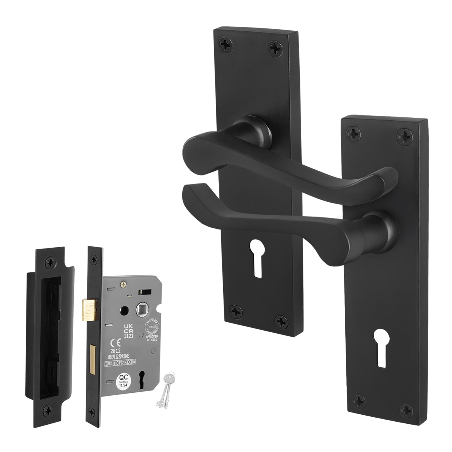 EAI Black Victorian Scroll Lock Handle Set, 1 Pair of Matt Black Internal Lever Door Handles on Backplate and Lock (64mm)