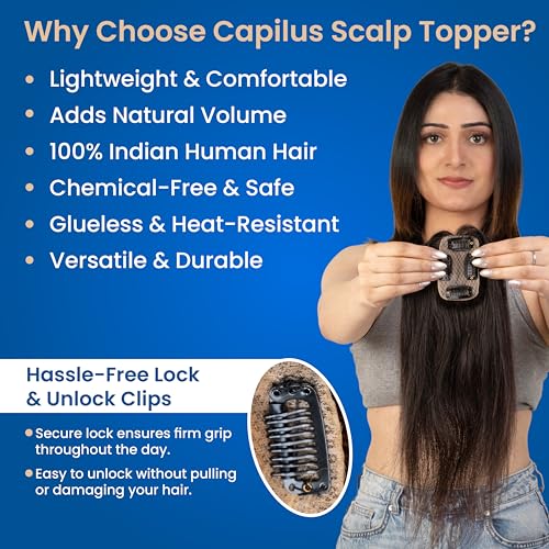 Image of Capilus 100% Human Hair Extensions for Women, Clip in Scalp Topper /Hair Topper, Silk Based- (3 inchx2 inch, 16 Inches, Natural Black)