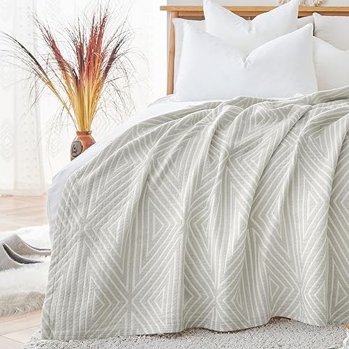 jinchan Boho 100% Cotton Blanket Muslin Twin Size 60x80 Inches Lightweight 3-Layer Geometric Triangle Striped Reversible Quilt Throw Soft Breathable C