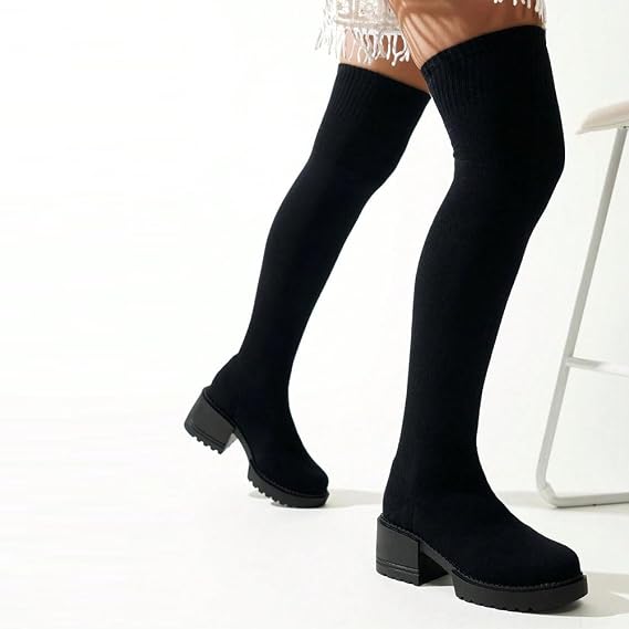 Overknee Boots Women's Boots Zip Women Knee-High Long Shaft Block Heel Elastic Knitted Long Boots