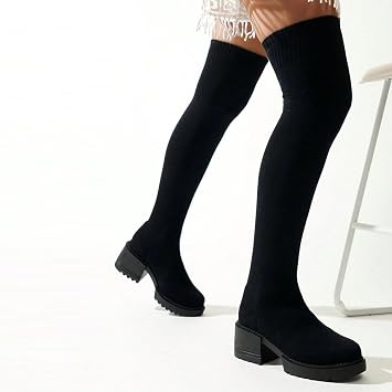 Overknee Boots Women's Boots Zip Women Knee-High Long Shaft Block Heel Elastic Knitted Long Boots