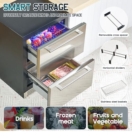 Image of Albott 24 Inch Under Counter Drawer Fridge, Dual-Zone Beverage Refrigerator | Stainless Steel Design, LED Touch Control, Adjustable Storage, Frost-Free, Low Noise, 34℉-68℉, -0.4℉ to 32℉