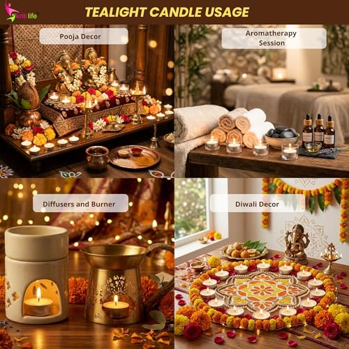 Image of Kriti Life Tealight Candles 100% Paraffin Wax | 9 Hours | Smokeless Unscented | Dripless White Candles for Home Decor | Wax Candles Set of 50