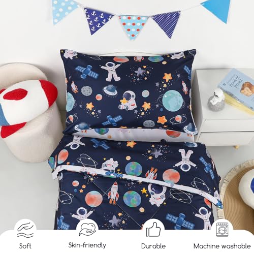 Image of 4 Piece Toddler Bedding Set, Ultra Soft and Breathable Cartoon Space Toddler Comforter Sets for Boys Includes Quilted Comforter, Fitted Sheet, Flat Sheet and Pillowcase