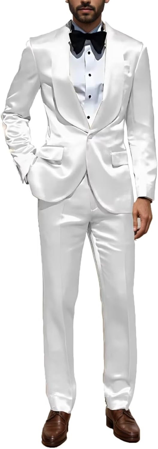 Men's Silk Satin Suits 2 Piece Casual Suit for Men Slim Fit Shiny Tuxedo Suit Blazer Jacket Pants Sets for Wedding Party Prom