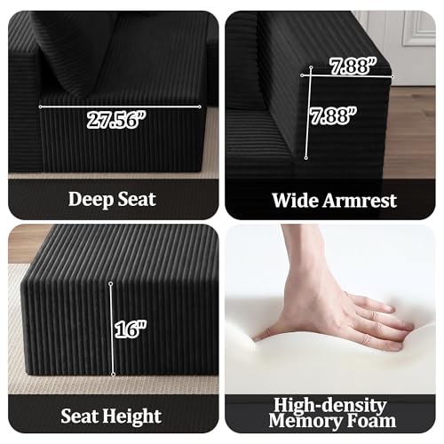 Image of 118 inch Modular Sectional Sofa with Chaise&Ottoman,Oversized U-Shaped Corduroy Cloud Couch, Deep Seat Boneless Couch for Living Room, No-Assembly,Black(Left Facing Chaise)