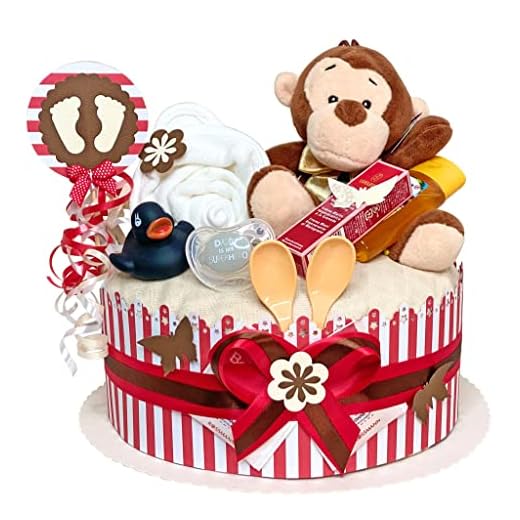 Pampers Cake > > Blöjtårta baby shower gåva för flickor och pojkar i attraktiv röd färg brun (neutral) – gåva till ny baby, dop, baby dusch/original, praktisk present till spädbarn