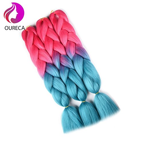 2 Tone Ombre Jumbo Braiding Hair Extention High Temperature Kanekalon Synthetic Braiding Crochet Twist Hair Braids With Small Free Gifts 24inch 3pcs/lot(Pink/Lake Blue)