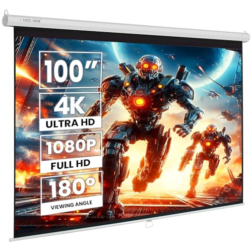 Pantalla de Proyector Manual 100 Pulgadas 16:9 Pro Luxscreen, Área Visible Blanca 220 x 124cm, Requiere un Espacio de instalación de 236cm, Instalación a Pared ó Techo