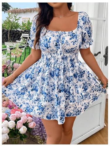 WDIRARA Women's Plus Size Floral Print Square Neck Puff Short Sleeve Dress Layered Ruffle Hem A Line Dresses4