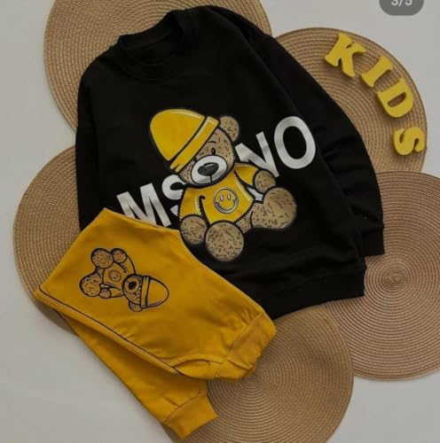 Image of Baby Boys Stylish Hooded Top& Bottom Set Full Sleeve Warm Fleece Pullover Jacket Style Winter Black +Yellow 0-2 Months