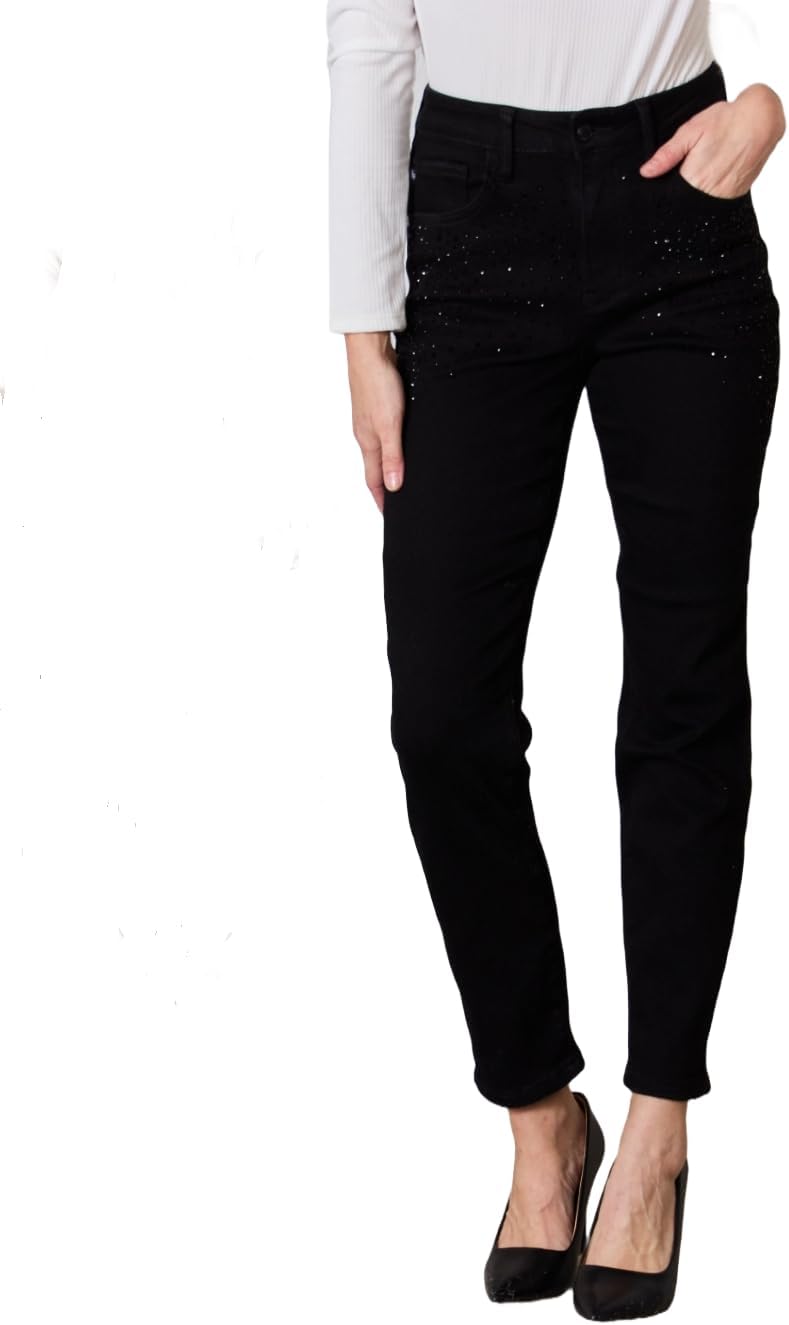 Judy Blue Woman's Rhinestone Embellishment Slim Jeans (US, Numeric, 11, Regular, Regular, Black)
