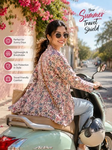 Image of Women's Cotton Floral Printed Summer Coat for Sun Protection, Lightweight Full Sleeve Cover-Up for Driving & Outdoor Use (Random Colour)
