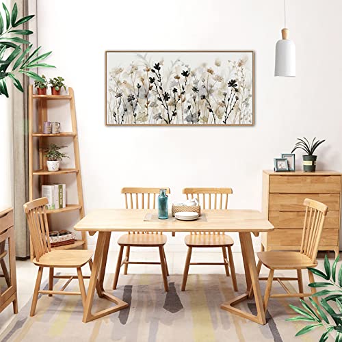 Framed Floral Wall Art Abstract Grey Cream White Grass Flowers Canvas Pictures Modern Landscape Painting Botanical Artwork For Living Room Bedroom Kitchen Office Wall Decor Ready To Hang 20"X 40" #TOP2