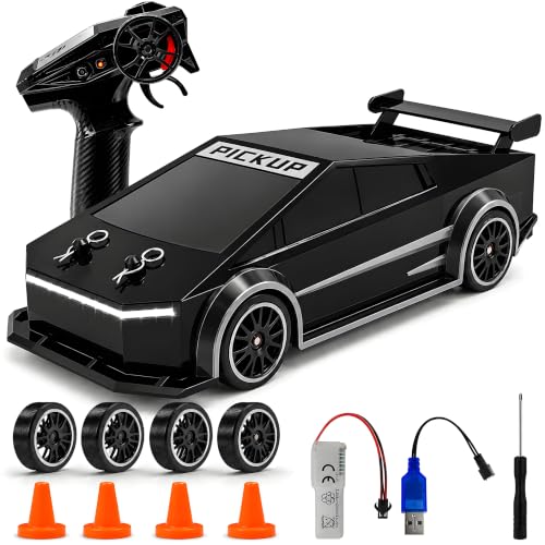 Image of Cable World Tasla 4WD Rechargable RC Drift Car for Kids | 2.4GHz High Speed Dual Motor Remote Control Car with Extra Drift & Racing Tires | PVC Unbreakable Body | LED Lights | 80+ Feet Range- Black