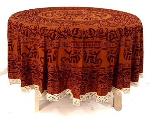 Image of Royal Home and Fashion Dining Round Tablecloth 100% Cotton Multicolor Floral Bird Printed 4-6 Seater Round Table Cover with White Fringed Lace Border 75 inch (Rust Multi- RHF-A3036)