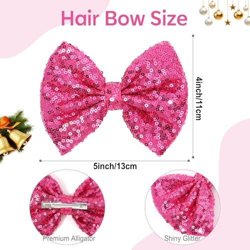 CN 5 Inch Glitter Hot Pink Hair Bows for Girls Alligator Clips Sparkly Sequin Hair Accessories for Kids Toddler Women on Birthday Wedding Christmas and Party